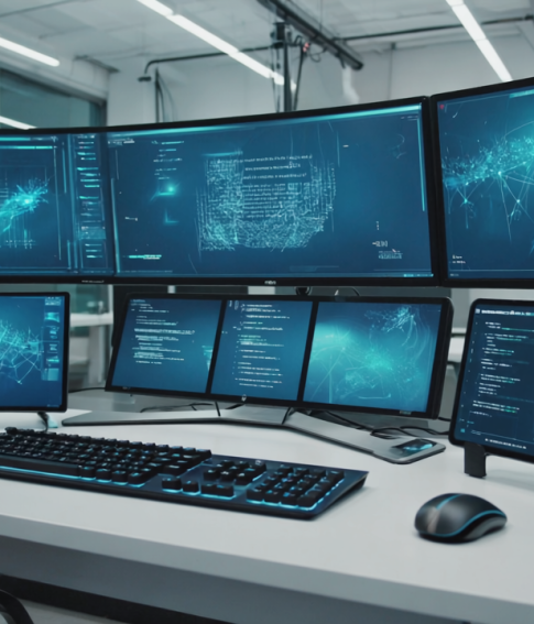 Realistic images on the topic of AI courses, featuring interactive digital interfaces, advanced computer setups, and collaborative study environments, without people The style is highly detailed and_